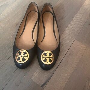 Tory Burch Black Flats with Gold Emblem